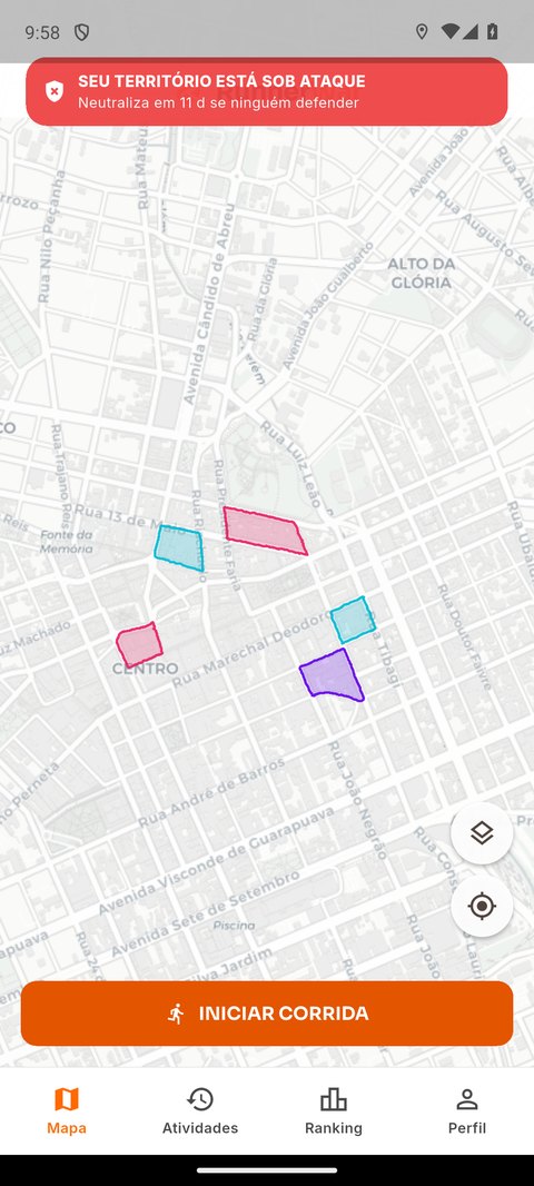 Mapa do Centro de Curitiba com cinco territórios vizinhos de três jogadores diferentes, cada um no formato do quarteirão que o corredor fechou, entre a Rua Marechal Deodoro, a Rua Presidente Faria e a Rua Tibagi